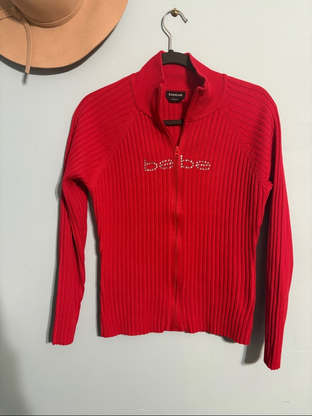 Y2K bebe XL Red Ribbed Zip up Sweater Tomato girl retro clean girl layered fall